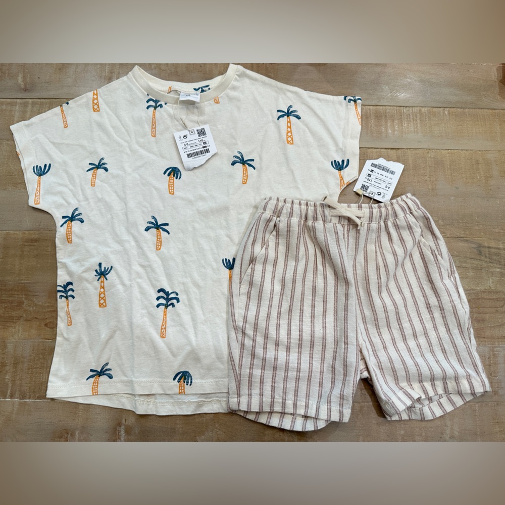 Zara boys tee shirt linen striped shorts matching set palm trees beach